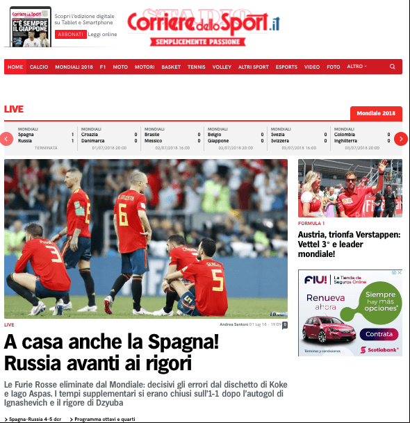 EL diario deportivo italiano 
<i>Corriere dello Sport</i>: "¡A casa también España! Rusi avanza en penaltis".