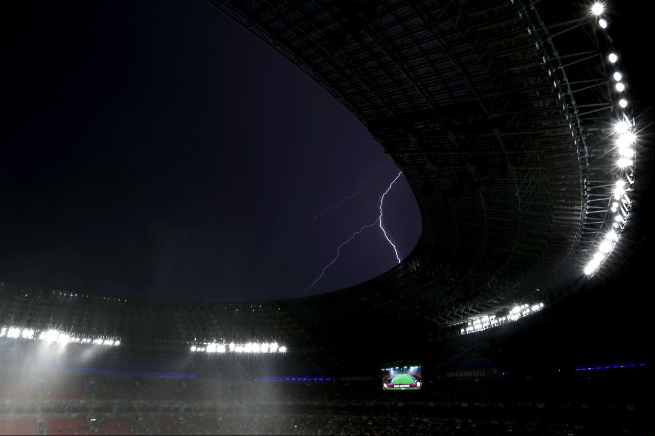 DONETSK, UKRAINE - JUNE 15: Play is suspended due to bad weather during the UEFA EURO 2012 group D match between Ukraine and  at Donbass Arena on June 15, 2012 in Donetsk, Ukraine. (Photo by Julian Finney/Getty Images)