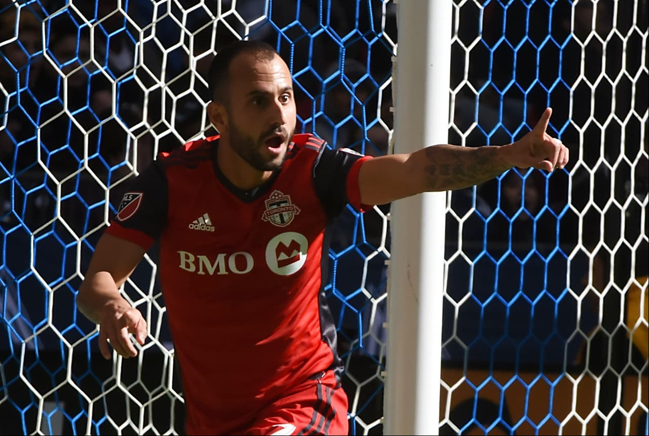 Mar 18, 2017; Vancouver, British Columbia, CAN; Toronto FC midfielder Victor Vazquez (7) celebrates his goal against Vancouver Whitecaps goalkeeper Spencer Richey (18) (not pictured) during the second half at BC Place. The Toronto FC won 2-0. Mandatory Credit: Anne-Marie Sorvin-USA TODAY Sports