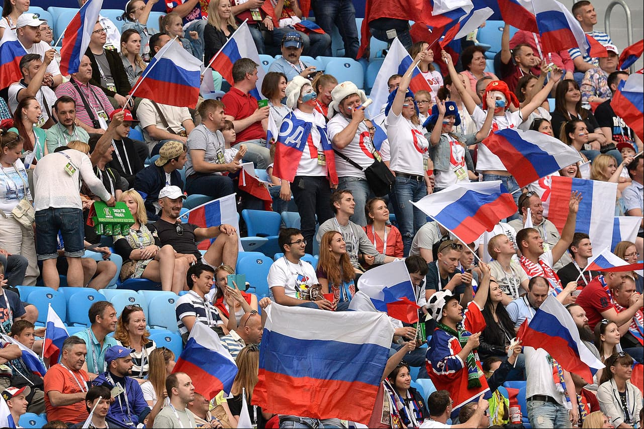 Russian fans attend the 2017 Confederations Cup group A football match between Russia and New Zealand at the Krestovsky Stadium in Saint-Petersburg on June 17, 2017. / AFP PHOTO / Olga MALTSEVA (Photo credit should read OLGA MALTSEVA/AFP/Getty Images)