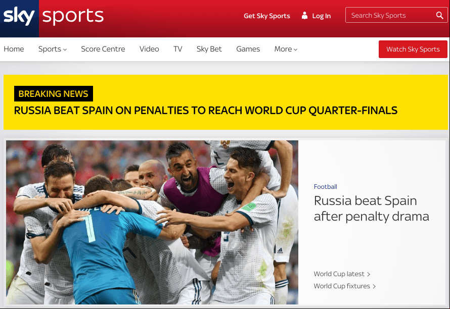 El portal de 
<i>Sky Sports</i>: "Rusia vence a España en penaltis para alcanzar los cuartos de final de la Copa del Mundo".