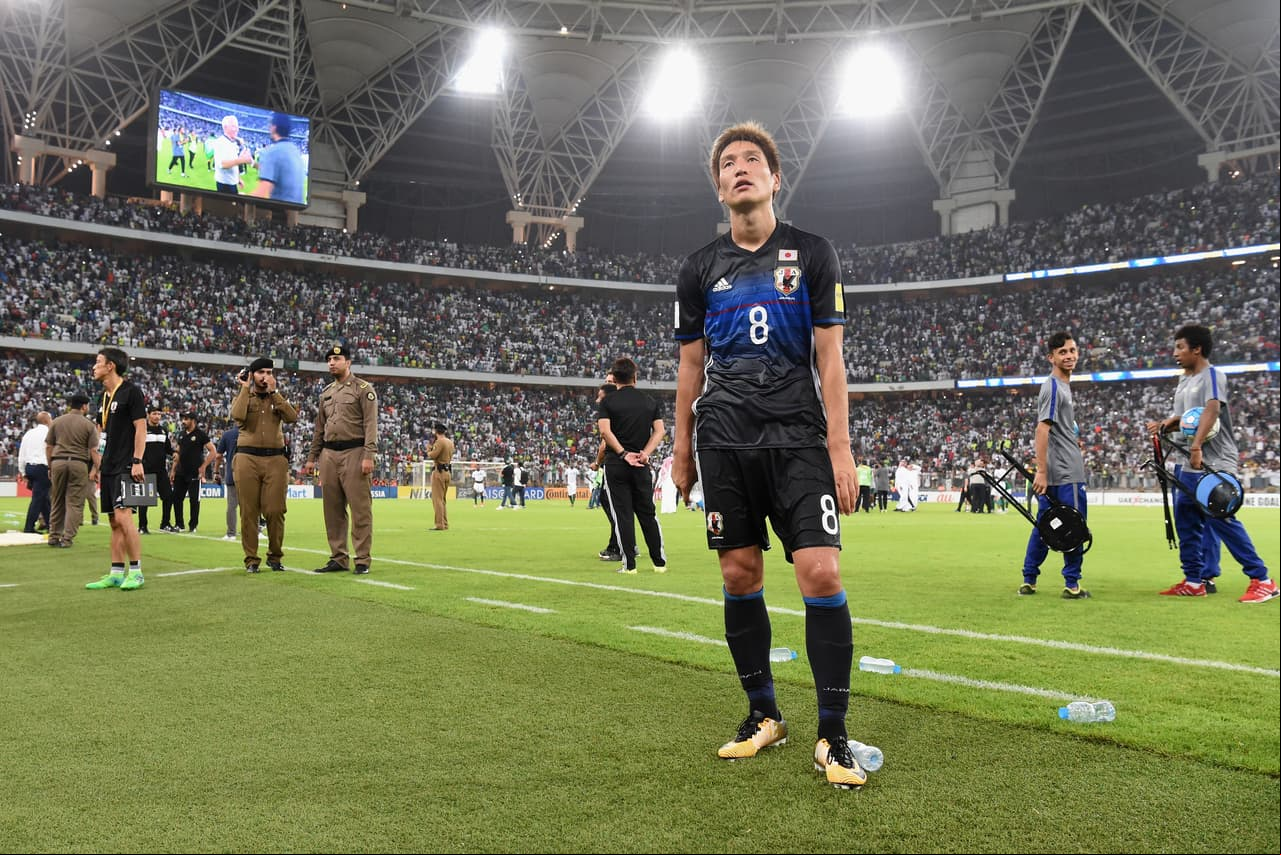 JEDDAH, SAUDI ARABIA - SEPTEMBER 05: Genki Haraguchi shows dejection after his side's 0-1 defeat in the FIFA World Cup qualifier match between Saudi Arabia and Japan at the King Abdullah Sports City on September 5, 2017 in Jeddah, Saudi Arabia. (Photo by Kaz Photography/Getty Images)