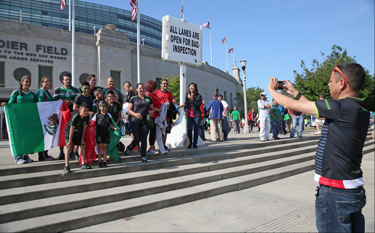 CHICAGO, IL - JULY 09: Fans pose for photos before the 2015 CONCAF Gold Cup matches between Trinidad & Tobago and Guatemala and Mexico and Cuba at Soldier Field on July 9, 2015 in Chicago, Illinois. (Photo by Jonathan Daniel/Getty Images)
