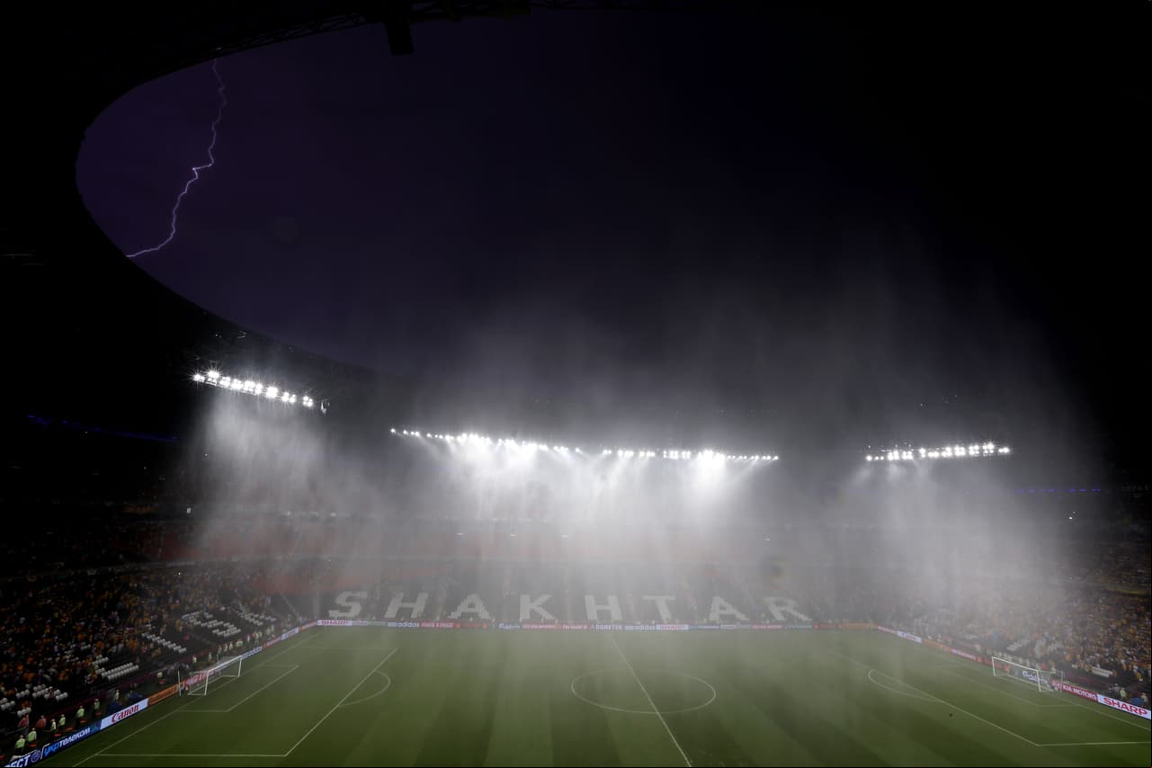 DONETSK, UKRAINE - JUNE 15: Play is suspended due to bad weather during the UEFA EURO 2012 group D match between Ukraine and  at Donbass Arena on June 15, 2012 in Donetsk, Ukraine. (Photo by Julian Finney/Getty Images)