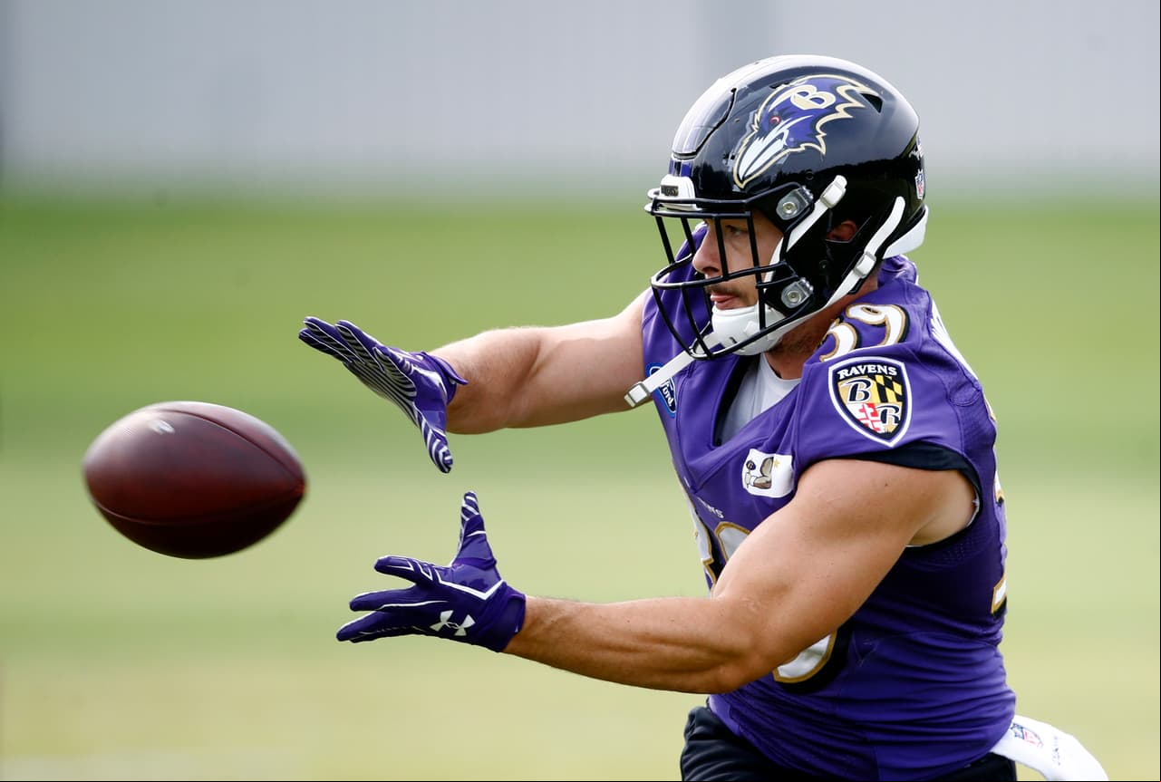 Baltimore Ravens running back Danny Woodhead runs a drill during an NFL football training camp practice in Owings Mills, Md., Tuesday, Aug. 8, 2017. (AP Photo/Patrick Semansky)