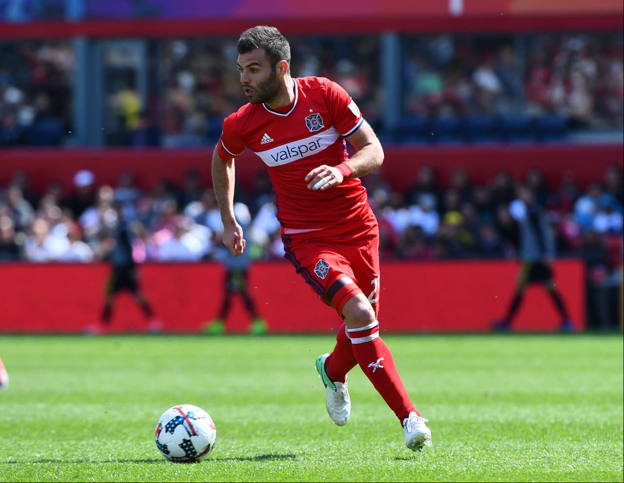 Apr 8, 2017; Chicago, IL, USA; Chicago Fire forward Nemanja Nikolic (23) kicks the ball against the Columbus Crew during the second half at Toyota Park. Chicago defeats Columbus 1-0. Mandatory Credit: Mike DiNovo-USA TODAY Sports