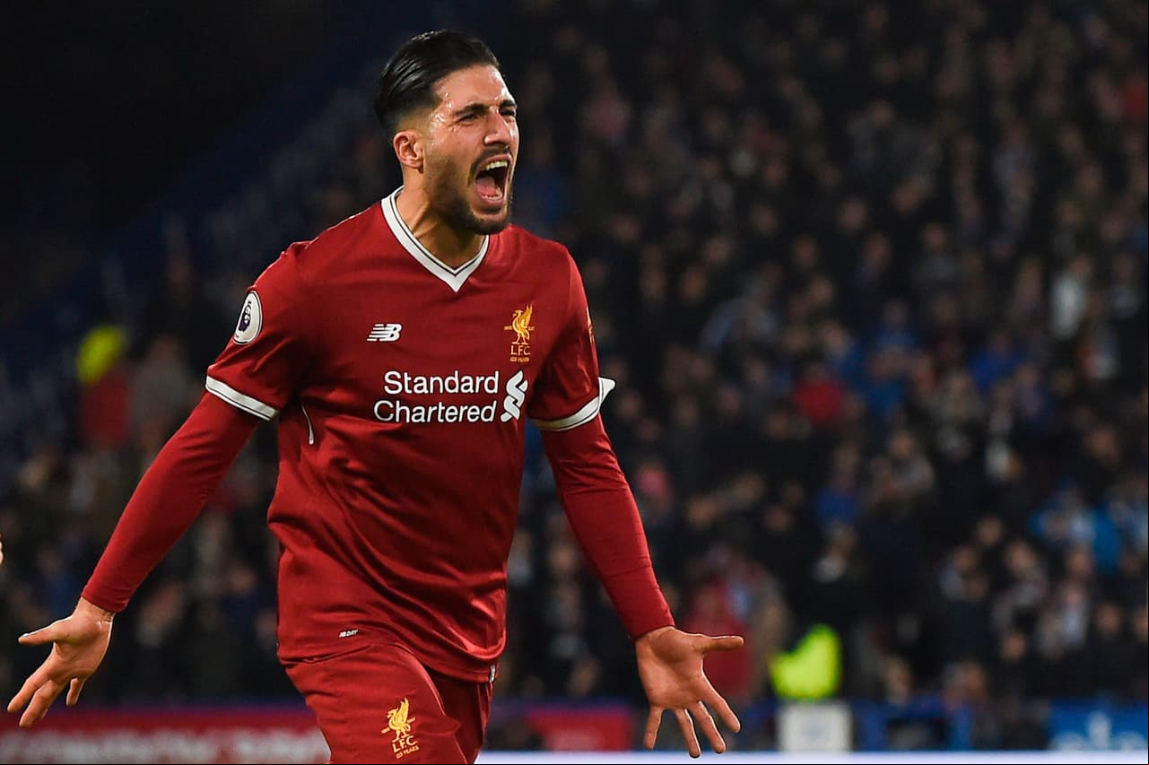 Liverpool's German midfielder Emre Can celebrates scoring the opening goal during the English Premier League football match between Huddersfield Town and Liverpool at the John Smith's stadium in Huddersfield, northern England on January 30, 2018. / AFP PHOTO / PAUL ELLIS / RESTRICTED TO EDITORIAL USE. No use with unauthorized audio, video, data, fixture lists, club/league logos or 'live' services. Online in-match use limited to 75 images, no video emulation. No use in betting, games or single club/league/player publications. / (Photo credit should read PAUL ELLIS/AFP/Getty Images)