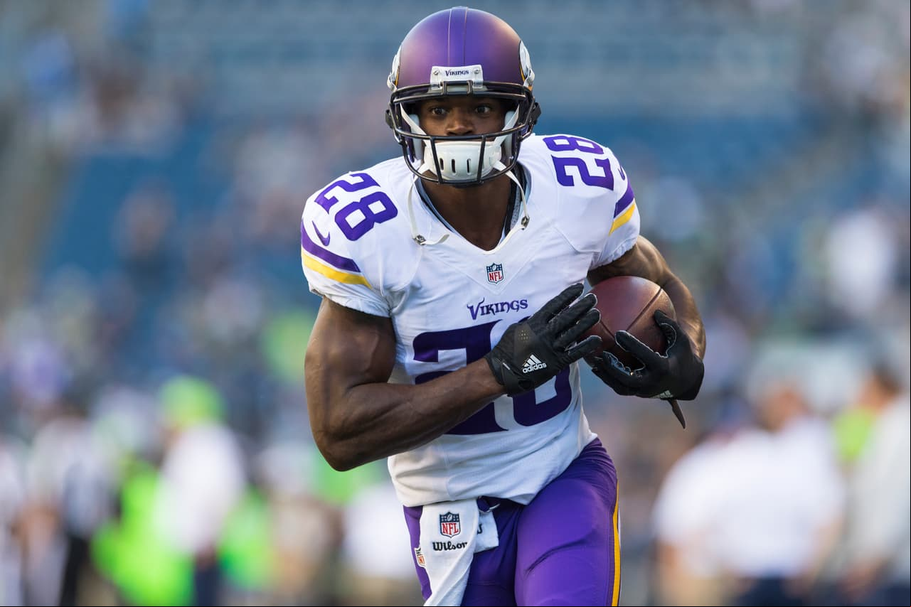 Minnesota Vikings running back Adrian Peterson (28) during the NFL preseason week 2 game against the Seattle Seahawks on Thursday, Aug. 18, 2016 in Seattle. The Vikings won, 18-11. (Ric Tapia via AP)