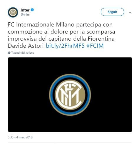 Inter de Milán: ElInter de Milán participa con conmoción del dolor por la muerte repentina del capitán de la Fiorentina Davide Astori.