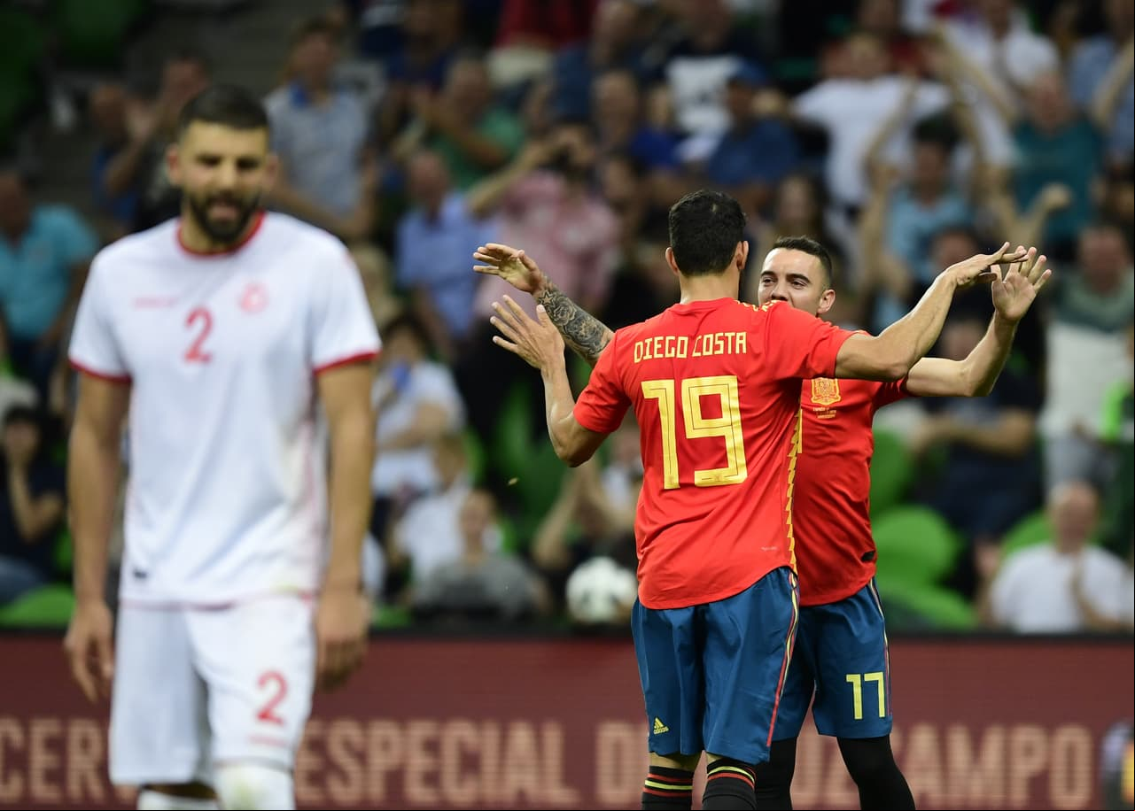 Spain's forward Iago Aspas (R) celebrates with Spain's forward Diego Costa after scoring a goal during the friendly football match between Spain and Tunisia at Krasnodar's stadium on June 9, 2018. (Photo by PIERRE-PHILIPPE MARCOU / AFP) (Photo credit should read PIERRE-PHILIPPE MARCOU/AFP/Getty Images)
